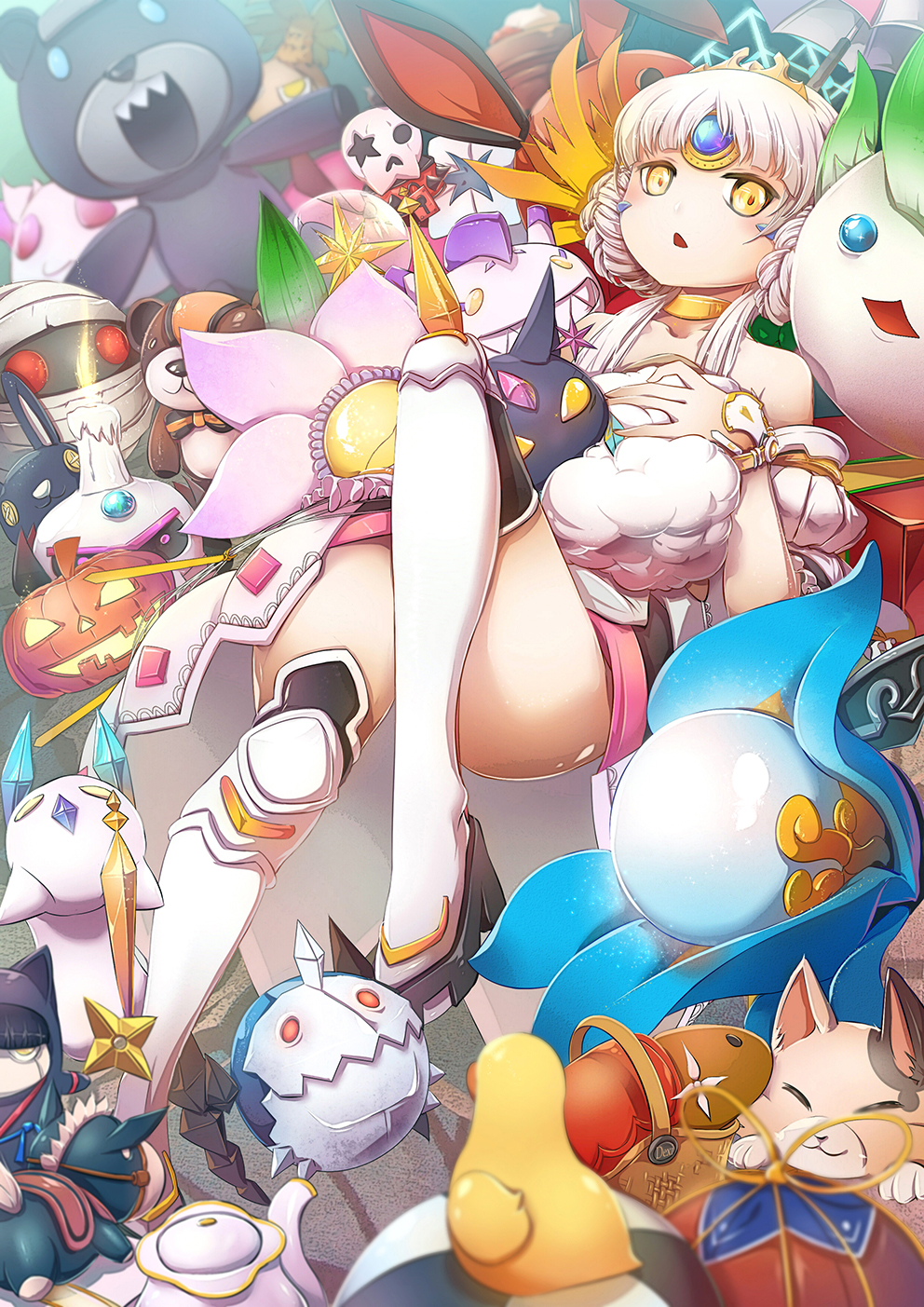 bangs bare_shoulders blunt_bangs candle chestnut_mouth code:_empress_(elsword) collarbone double_bun elsword eve_(elsword) facial_mark fire flame flower forehead_jewel hair_bun highres jack-o'-lantern leg_up long_hair looking_at_viewer lying object_hug open_mouth ophelia_(elsword) parted_lips phoru_(elsword) puffy_short_sleeves puffy_sleeves pumpkin rubber_duck servati sharp_teeth short_sleeves silver_hair solo stuffed_animal stuffed_toy teddy_bear teeth thighhighs tiara white_legwear yellow_eyes