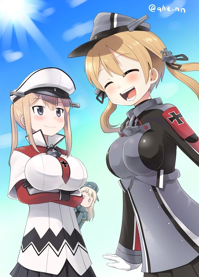 ahenn anchor anchor_hair_ornament black_skirt blonde_hair blue_sky breasts capelet closed_eyes cloud cowboy_shot crossed_arms day graf_zeppelin_(kantai_collection) grey_eyes hair_between_eyes hair_ornament hat iron_cross kantai_collection large_breasts low_twintails microskirt military military_uniform miniskirt multiple_girls necktie open_mouth outdoors peaked_cap pleated_skirt prinz_eugen_(kantai_collection) sidelocks skirt sky teeth twintails u-511_(kantai_collection) uniform