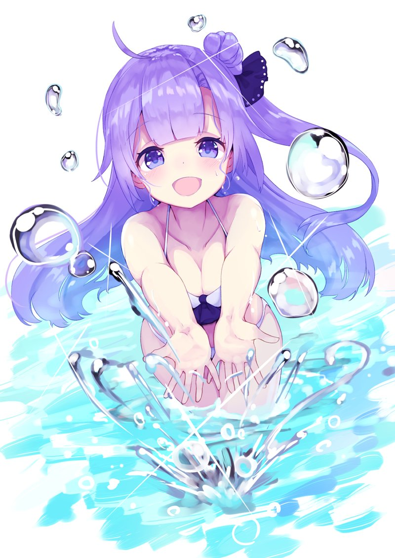 :d ahoge amacha azur_lane bikini blush breasts cleavage commentary dutch_angle halterneck leaning_forward long_hair looking_at_viewer lossy-lossless medium_breasts one_side_up open_mouth outstretched_hand purple_eyes purple_hair side_bun smile solo splashing swimsuit unicorn_(azur_lane) wading water_drop white_bikini