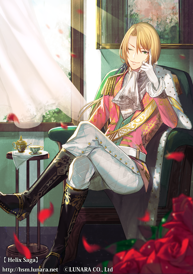 ;) belt black_footwear blonde_hair boots chair copyright_name crossed_legs cup curtains day flower full_body gloves hand_up helix_saga indoors kanashiki looking_at_viewer male_focus official_art one_eye_closed painting_(object) pants petals smile solo table tablecloth teacup teapot vest watermark web_address white_gloves white_neckwear white_pants