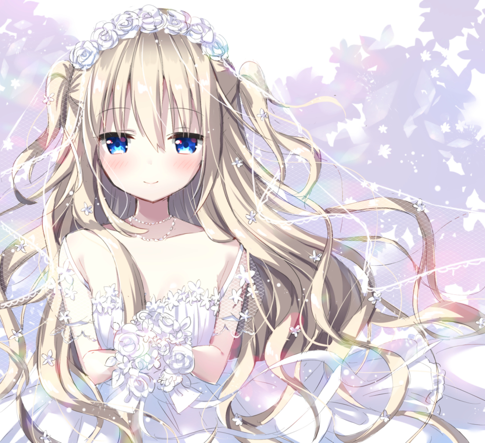 alternate_hair_length alternate_hairstyle bangs blonde_hair blue_eyes blush bouquet closed_mouth collarbone commentary_request dress eyebrows_visible_through_hair flower hair_between_eyes hair_flower hair_ornament holding holding_bouquet jewelry long_hair necklace off_shoulder original rose see-through smile solo tia-chan two_side_up uchuuneko very_long_hair white_dress white_flower white_rose