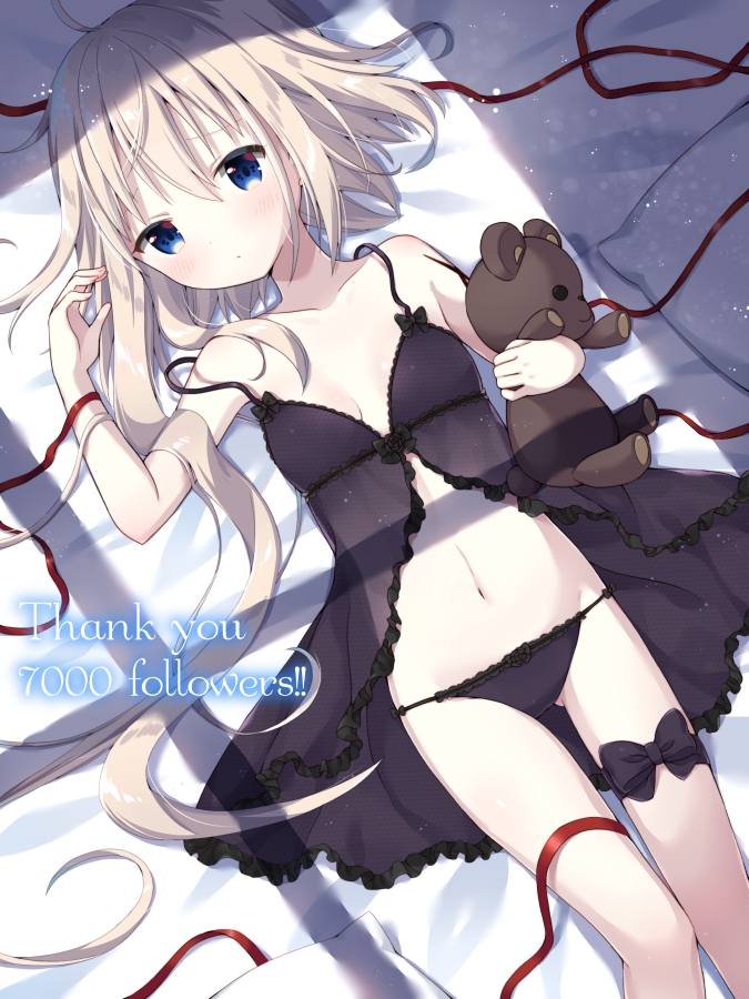 ahoge arm_up asymmetrical_hair babydoll bangs bare_arms bare_shoulders bed_sheet black_babydoll black_bow black_panties blonde_hair blue_eyes blush bow bow_panties breasts closed_mouth collarbone commentary_request eyebrows_visible_through_hair fingernails followers hair_between_eyes long_hair looking_at_viewer lying object_hug on_back original panties pillow red_ribbon ribbon see-through small_breasts solo strap_slip stuffed_animal stuffed_toy teddy_bear thank_you tia-chan uchuuneko underwear underwear_only very_long_hair