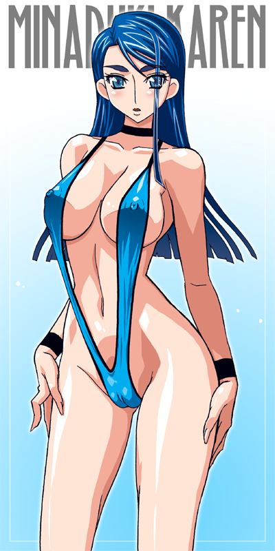 ass_visible_through_thighs bangs bare_shoulders blue_eyes blue_hair blue_swimsuit blush breasts cameltoe choker commentary_request covered_nipples cowboy_shot eyebrows_visible_through_hair eyes_visible_through_hair groin hand_on_thigh large_breasts long_hair looking_at_viewer minazuki_karen navel open_mouth precure raisuta shiny shiny_hair shiny_skin slingshot_swimsuit solo standing strap_gap swimsuit yes!_precure_5