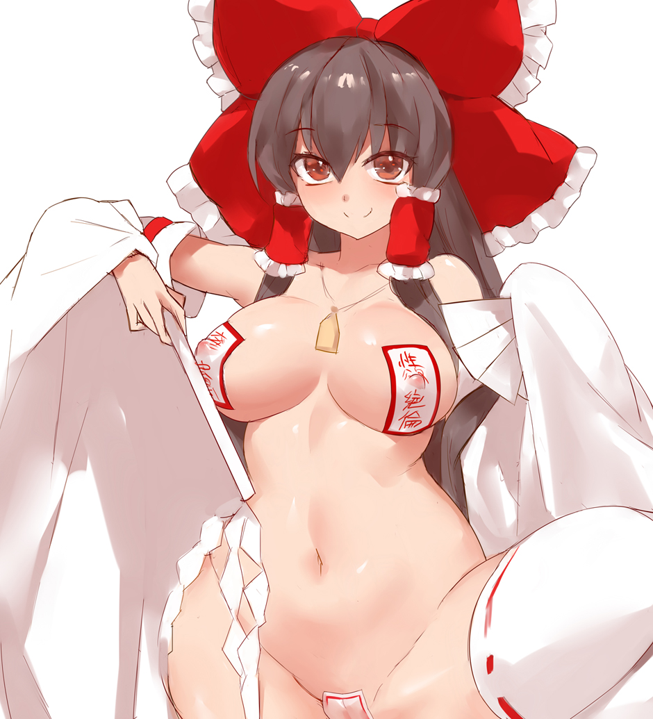black_hair bow breasts brown_eyes covered_nipples curvy hair_bow hakurei_reimu jewelry large_breasts leg_up long_hair looking_at_viewer maebari navel necklace nude pasties revision simple_background smile solo thighhighs thighs touhou white_background white_legwear yostxxx