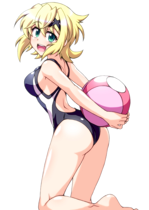 akatsuki_kirika arms_behind_back ass back ball bangs bare_shoulders beachball black_swimsuit blonde_hair blue_swimsuit blush breasts commentary competition_swimsuit eyebrows_visible_through_hair from_side green_eyes hair_ornament happy holding holding_ball kneepits leaning_forward leg_lift looking_at_viewer looking_back looking_to_the_side lydian_academy_swimsuit medium_breasts multicolored multicolored_clothes multicolored_swimsuit one-piece_swimsuit open_mouth senki_zesshou_symphogear shiny shiny_hair shiny_skin short_hair sideboob simple_background skin_tight smile solo standing standing_on_one_leg swimsuit thighs upper_teeth white_background x_hair_ornament zetsumu