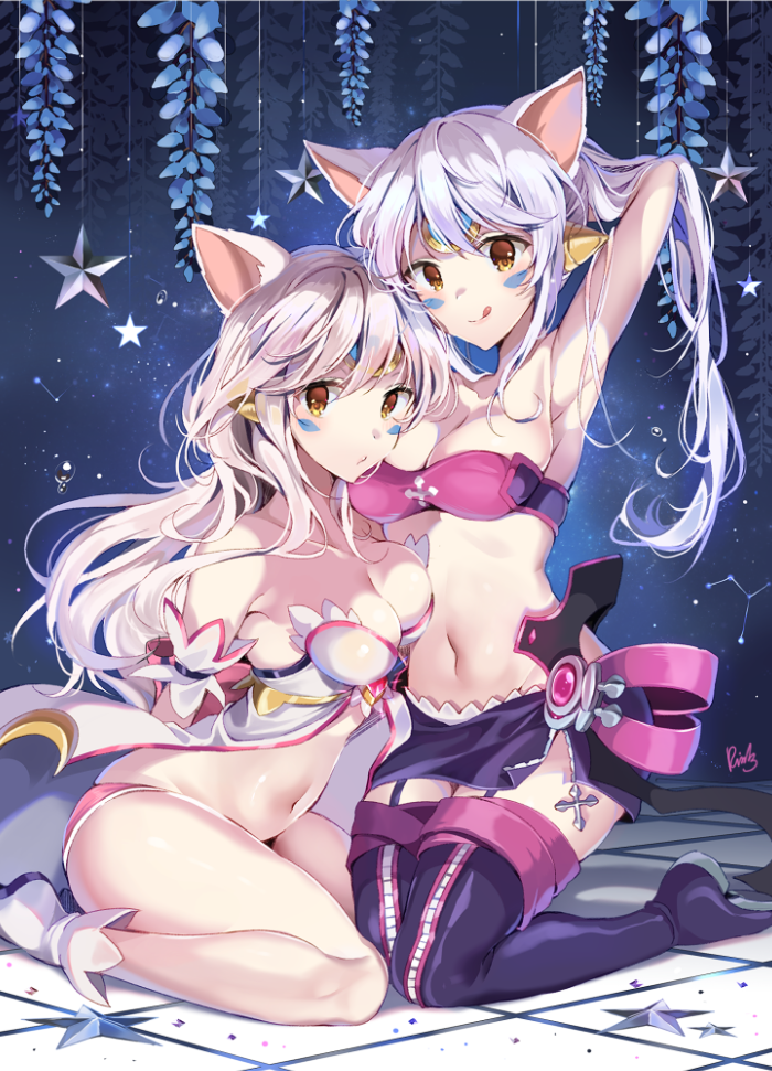 :q aisha_(elsword) animal_ears armpits bad_id bad_pixiv_id bangs bare_arms bare_shoulders black_footwear black_legwear black_skirt blush boots breasts brown_eyes character_request cleavage closed_mouth collarbone commentary_request constellation dimension_witch_(elsword) dress elsword eve_(elsword) eyebrows_visible_through_hair facial_mark hair_between_eyes kneeling korean_commentary long_hair medium_breasts multiple_girls navel pinb signature silver_hair sitting skirt smile star strapless strapless_dress thigh_boots thighhighs tile_floor tiles tongue tongue_out tubetop very_long_hair void_princess_(elsword) wariza white_dress white_footwear