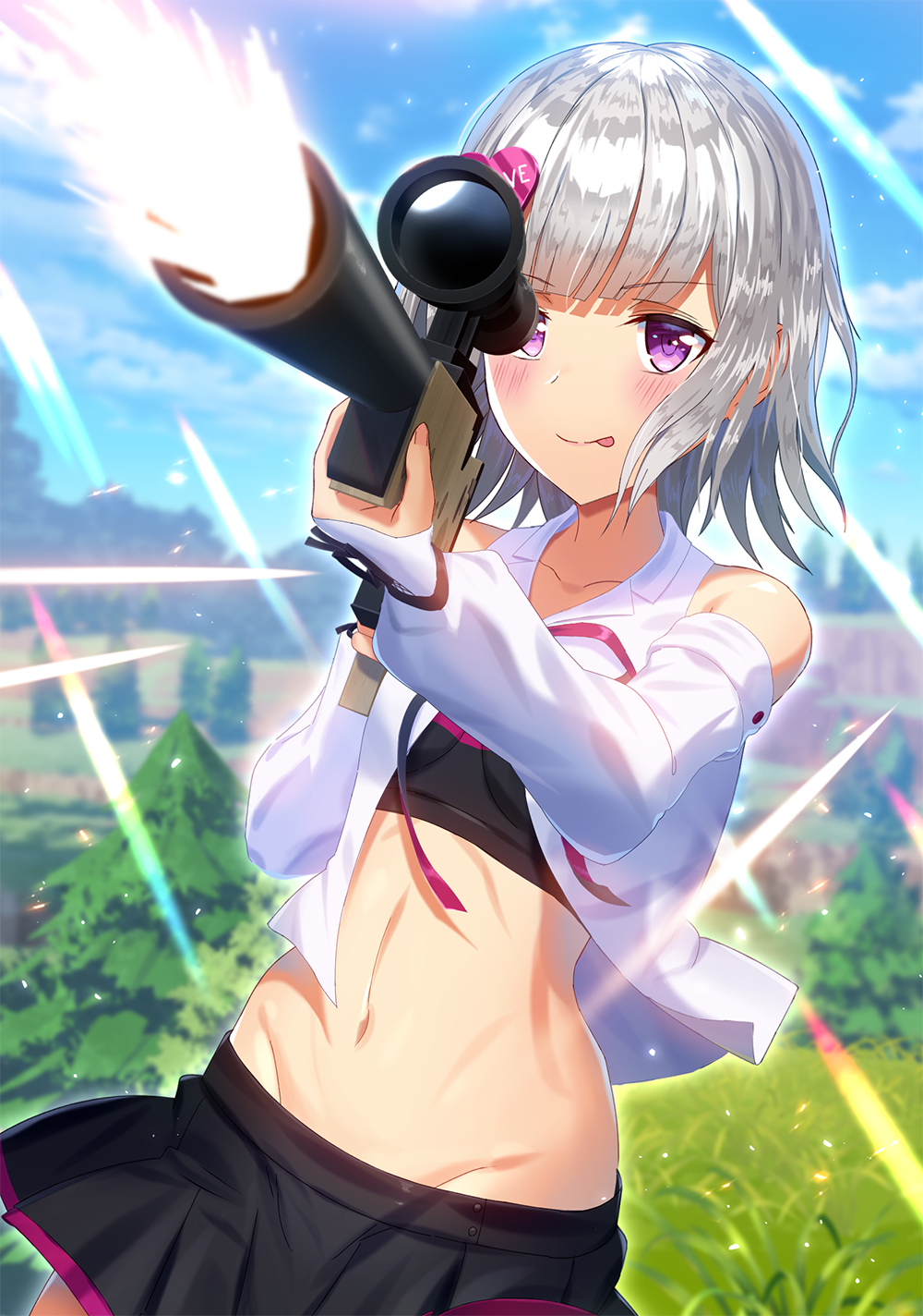 aiming commentary day detached_sleeves firing grass gun highres holding holding_gun holding_weapon midriff mikomiko_(mikomikosu) moemi_&amp;_yomemi_channel outdoors purple_eyes rifle silver_hair sky sniper_rifle solo tongue tongue_out tree virtual_youtuber weapon yomemi