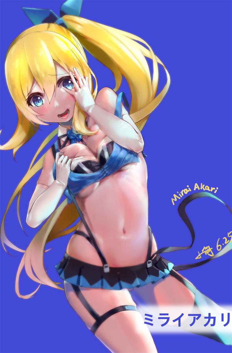 :d arm_up bangs black_legwear black_ribbon black_skirt blonde_hair blue_background blue_eyes blue_flower blue_ribbon blue_rose blue_shirt blush breasts character_name cleavage commentary crop_top detached_collar dutch_angle elbow_gloves eyebrows_visible_through_hair flower gloves hair_between_eyes hair_ribbon hand_on_own_face highres large_breasts long_hair looking_at_viewer microskirt mirai_akari mirai_akari_project navel neck_ribbon open_mouth pleated_skirt ribbon rose shirt side_ponytail single_thighhigh skirt sleeveless sleeveless_shirt smile solo stomach strap_slip suspender_skirt suspenders suspenders_slip thighhighs translated undersized_clothes very_long_hair virtual_youtuber white_collar white_gloves xiaoyu