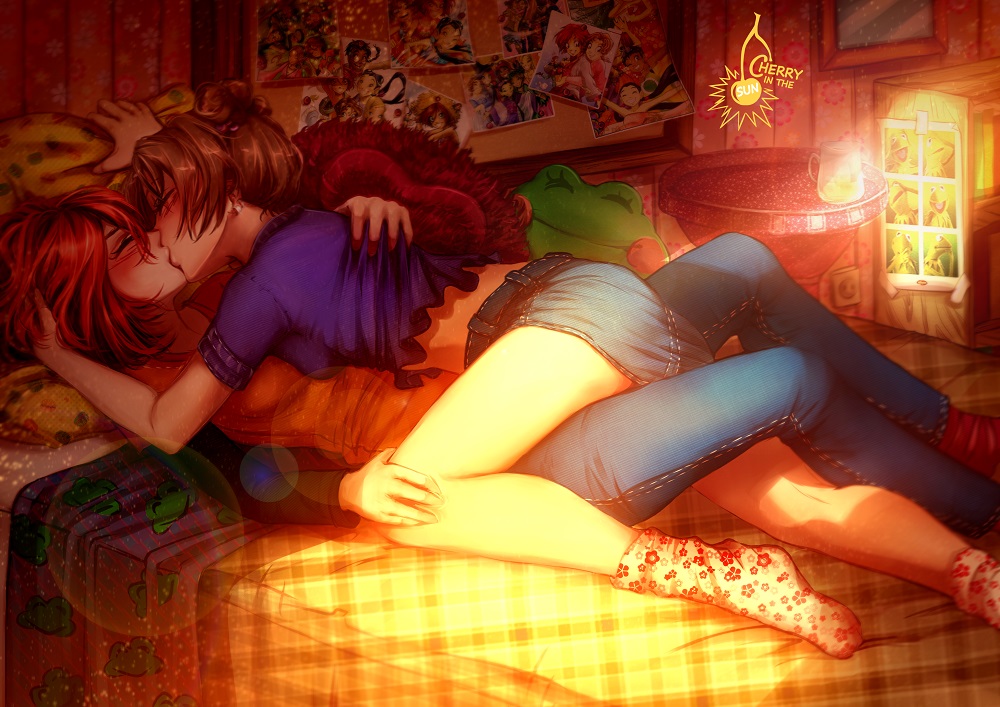 bed bedroom blue_pants blue_skirt brown_hair cherry_in_the_sun closed_eyes denim denim_skirt french_kiss hand_on_another's_knee indoors irma_lair kiss lens_flare miniskirt multiple_girls orange_shirt pants photo_(object) purple_shirt red_hair shirt short_hair short_sleeves skirt w.i.t.c.h. will_vandom yuri