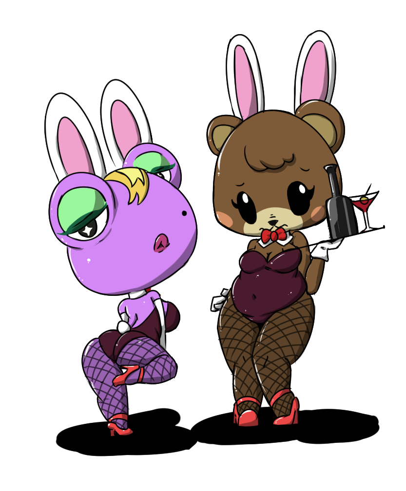 2018 alcohol alpha_channel amphibian animal_crossing anthro beady_eyes bear beauty_mark bedroom_eyes belly beverage big_head biped black_eyes black_nose blonde_hair bottle bow_tie breasts brown_fur bunny_costume butt chibi cleavage clothed clothing cocktail cocktail_glass costume digital_drawing_(artwork) digital_media_(artwork) duo eyelashes eyeshadow fake_ears fake_rabbit_ears fake_rabbit_tail fake_tail female fishnet fishnet_legwear food footwear frog front_view frown fruit full-length_portrait fur gigi_(animal_crossing) glass gloves hair half-closed_eyes head_tuft high_heels holding_object knock_kneed legwear lingerie lipstick looking_at_self looking_at_viewer looking_back looking_down makeup mammal maple_(animal_crossing) martini medium_breasts mole_(marking) multicolored_fur muzzle_(marking) navel nintendo non-mammal_breasts olive_(food) on_one_leg open_mouth overweight overweight_female pink_lipstick portrait purple_skin raised_leg rear_view seductive shadow shirt_collar shirt_cuffs shoes short_hair shortstack shy side_boob simple_background sparkle sparkling_eyes standing tan_fur teddy_(clothing) transparent_background tray two_tone_fur video_games vono waiter white_gloves wide_hips