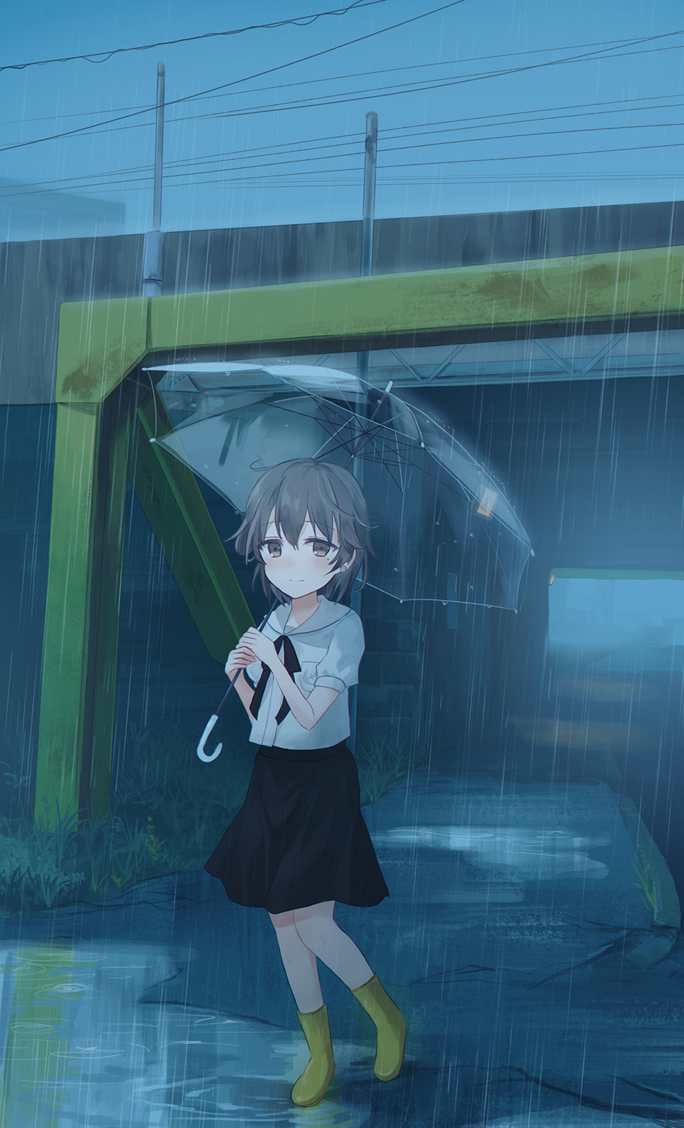 bangs black_ribbon black_skirt blush boots bridge brown_eyes brown_hair chihuri closed_mouth collared_shirt commentary_request cracked_floor earrings eyebrows_visible_through_hair hair_between_eyes hatoba_tsugu hatoba_tsugu_(character) highres holding holding_umbrella jewelry looking_at_viewer mole mole_under_eye neck_ribbon outdoors overpass puddle rain ribbon ripples road rubber_boots shirt short_sleeves sidewalk skirt solo street transparent transparent_umbrella umbrella virtual_youtuber walking water white_shirt yellow_footwear