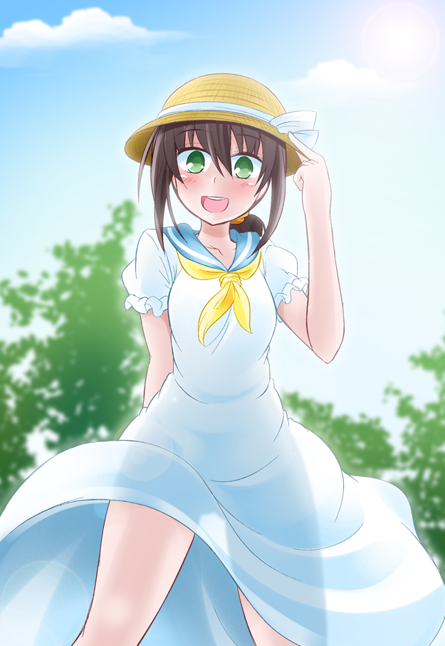 :d alternate_costume ass_visible_through_thighs black_hair blue_sky cloud commentary_request day dress fubuki_(kantai_collection) gradient gradient_background green_eyes hat ichimi kantai_collection looking_at_viewer low_ponytail neckerchief open_mouth outdoors ponytail sailor_dress see-through_silhouette short_ponytail sidelocks sky smile solo sun_hat sundress upper_teeth white_dress yellow_neckwear
