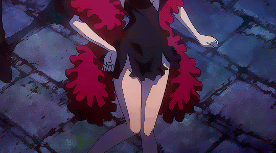 1girl animated animated_gif animation ass bangs bare_shoulders black_dress blush bouncing_breasts breasts carina_(one_piece) cleavage dress earrings flower hair_flower high_heels hips large_breasts necklace one_piece one_piece_film_gold pose purple_hair rose short_dress short_hair thighs