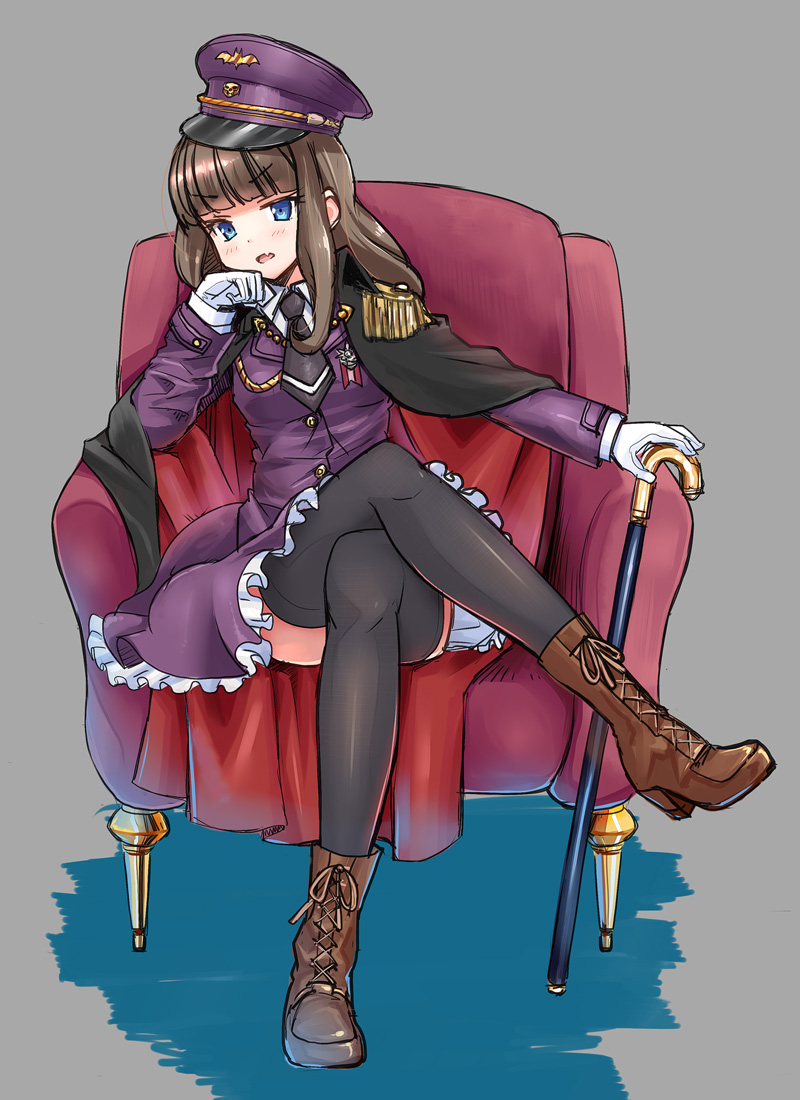 armchair bangs black_cape black_legwear black_neckwear blue_eyes blunt_bangs blush boots brown_footwear brown_hair cane cape chair collared_shirt commentary_request cross-laced_footwear crossed_legs eyebrows_visible_through_hair fang gloves grey_background hand_on_cane hat head_tilt jacket kurosu_aroma lace-up_boots long_hair long_sleeves looking_at_viewer military_hat military_jacket multicolored multicolored_cape multicolored_clothes necktie okiru open_mouth peaked_cap pretty_(series) pripara purple_hat purple_jacket purple_skirt red_cape shirt short_necktie skirt solo thighhighs v-shaped_eyebrows white_gloves white_shirt