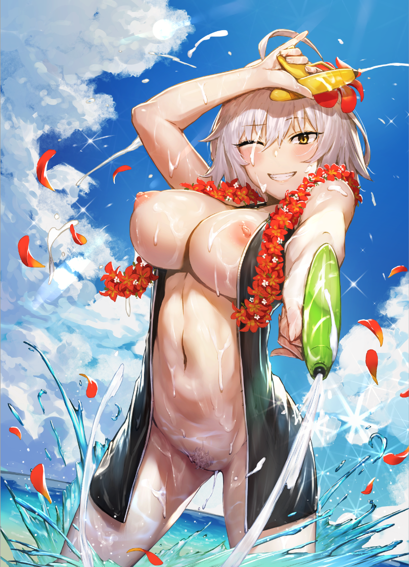ahoge black_shirt blue_sky blush breasts commentary_request day fate/grand_order fate_(series) flower flower_necklace grin hair_flower hair_ornament hips jeanne_d'arc_(alter)_(fate) jeanne_d'arc_(fate)_(all) jewelry large_breasts navel necklace nipples ocean one_eye_closed open_clothes open_shirt outdoors petals pubic_hair pyz_(cath_x_tech) shirt short_hair silver_hair sky smile sparkle splashing squirting thighs wading water_gun wet