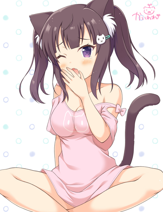 ;o animal_ears bare_shoulders blush bow breasts brown_hair cat_ears cat_girl cat_hair_ornament cat_tail cleavage collarbone commentary_request crossed_ankles fang hair_ornament hairclip hand_to_own_mouth hand_up head_tilt kaiware-san long_hair medium_breasts one_eye_closed open_mouth original pink_bow pink_shirt polka_dot polka_dot_background purple_eyes shirt signature sitting sleepy solo strap_slip tail twintails white_background yawning