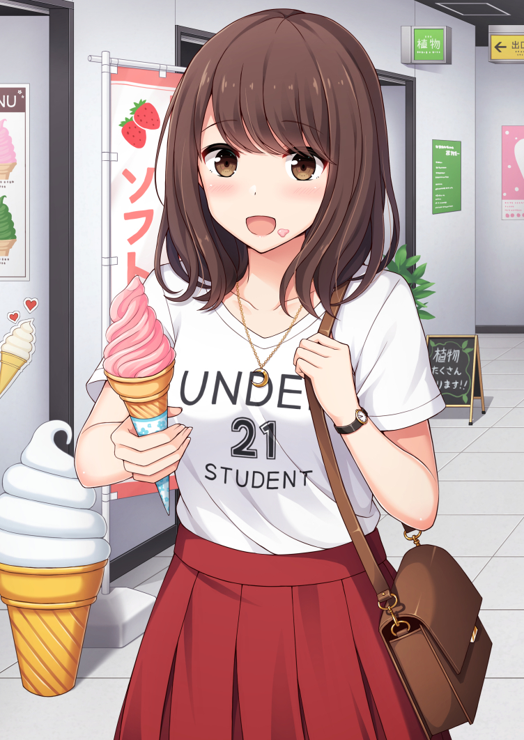 :d bag bangs blush brown_eyes brown_hair clothes_writing collarbone commentary_request crescent crescent_necklace directional_arrow english eyebrows_visible_through_hair food food_on_face handbag holding holding_food ice_cream ice_cream_cone ice_cream_on_face indoors jewelry long_hair looking_at_viewer nakamura_sumikage necklace open_mouth original pleated_skirt red_skirt revision shirt short_sleeves shoulder_bag sign skirt smile soft_serve solo tile_floor tiles translation_request white_shirt