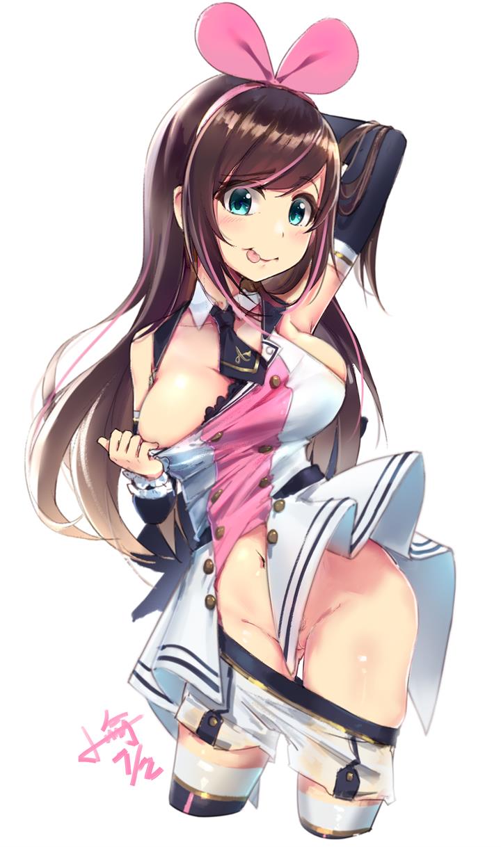 :p a.i._channel arm_up bangs black_legwear black_neckwear blue_eyes blush breasts brown_hair cleavage closed_mouth cropped_legs detached_collar detached_sleeves eyebrows_visible_through_hair groin hair_between_eyes highres kizuna_ai large_breasts long_hair long_sleeves looking_at_viewer multicolored_hair navel necktie no_panties pink_hair pubic_hair pulled_by_self pussy pussy_peek shirt shirt_pull short_necktie short_shorts shorts shorts_pull simple_background sleeveless sleeveless_shirt smile solo streaked_hair thighhighs tongue tongue_out very_long_hair virtual_youtuber white_background white_collar white_shirt white_shorts xiaoyu