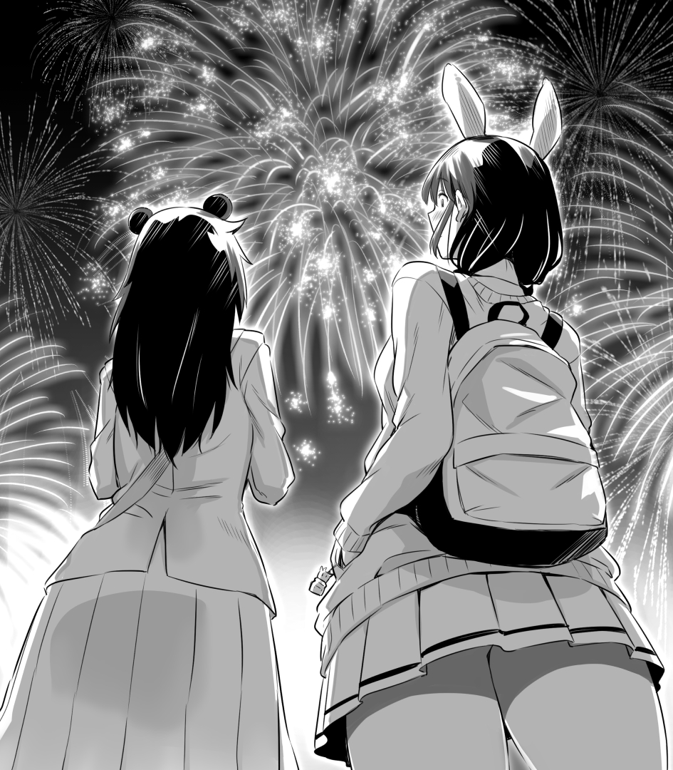 aerial_fireworks animal_ears backpack bag blazer blush bunny_ears cardigan commentary_request facing_away fake_animal_ears fireworks greyscale jacket kuroki_tomoko long_hair long_skirt looking_at_another monochrome mouse_ears multiple_girls night orikuchi_hirata pleated_skirt profile school_uniform single_stripe skirt sweater tamura_yuri watashi_ga_motenai_no_wa_dou_kangaetemo_omaera_ga_warui!