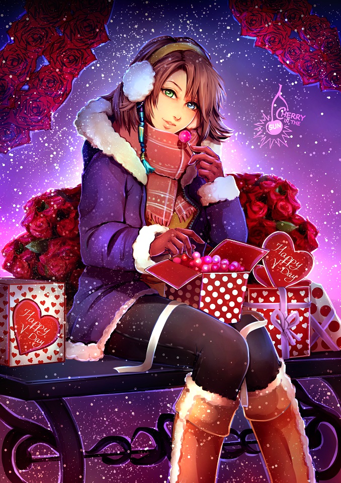 artist_name black_pants blue_eyes brown_coat brown_footwear brown_gloves brown_hair cherry_in_the_sun coat final_fantasy final_fantasy_x fur_trim gloves green_eyes head_tilt heterochromia holding looking_at_viewer open_clothes open_coat pants parted_lips red_scarf scarf short_hair sitting snowing solo yuna_(ff10)