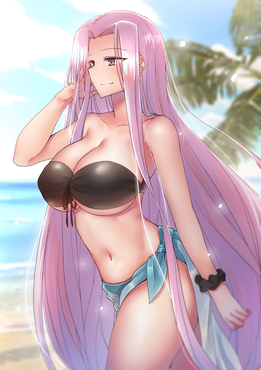 bandeau bangs bare_shoulders beach bikini black_bikini breasts cleavage cloud collarbone eyebrows_visible_through_hair fate/stay_night fate_(series) front-tie_top hand_in_hair highres horizon huge_breasts long_hair moonjunk navel ocean palm_tree parted_bangs purple_eyes purple_hair rider sarong scrunchie shiny shiny_hair sky smile solo swimsuit tree underboob very_long_hair water wrist_scrunchie