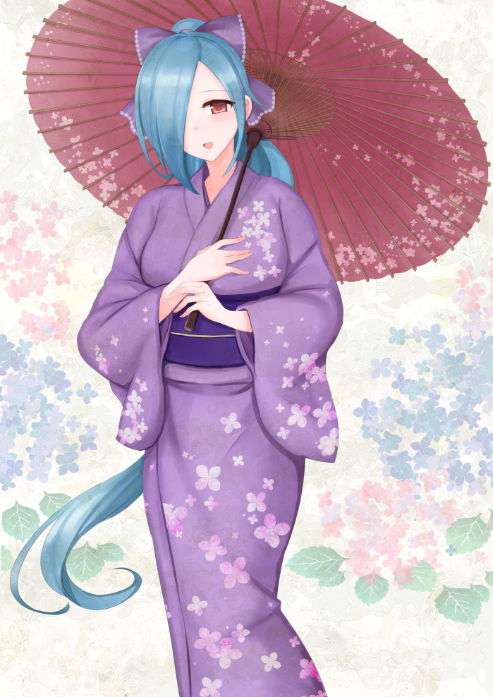 1girl :d blue_hair bow commentary_request floral_print hair_bow hair_over_one_eye high_ponytail holding holding_umbrella japanese_clothes kimono long_hair long_sleeves looking_at_viewer obi open_mouth oriental_umbrella ponytail print_kimono print_umbrella purple_bow purple_kimono red_eyes red_umbrella saruton sash smile solo umbrella very_long_hair virtual_youtuber wide_sleeves yamato_iori