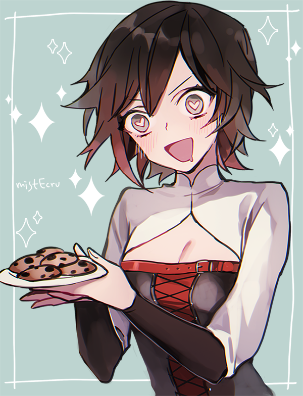 blush chocolate_chip_cookie chromatic_aberration cleavage_cutout commentary cookie corset drooling ecru food heart heart-shaped_pupils plate ruby_rose rwby solo symbol-shaped_pupils symbol_commentary twitter_username