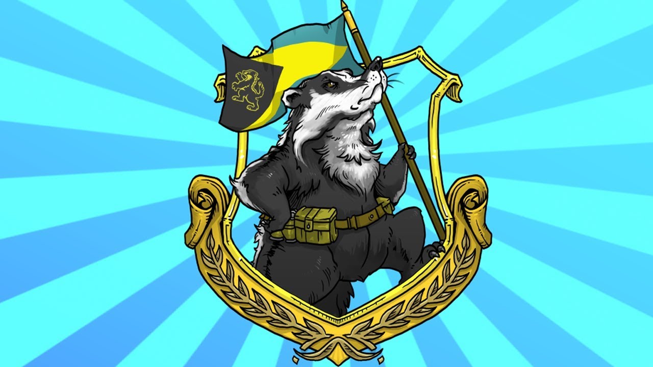 2018 arma_(copyright) badge badger belt bewbewdingo black_fur blue_background chest_fur claws crest explosives flag fur grenade looking_up male mammal mascot multicolored_fur mustelid satchel screencap simple_background solo toe_claws two_tone_fur weapon whiskers white_fur zero_fucks_clan