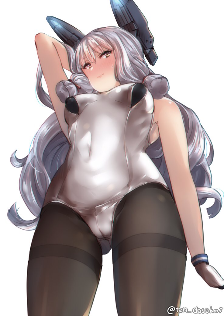 3: black_legwear blush breasts cameltoe commentary_request covered_navel from_below gloves hair_ornament hair_ribbon juurouta kantai_collection long_hair looking_at_viewer medium_breasts murakumo_(kantai_collection) pantyhose ribbon silver_hair simple_background solo swimsuit thighband_pantyhose tress_ribbon twitter_username very_long_hair white_background white_gloves white_swimsuit yellow_eyes