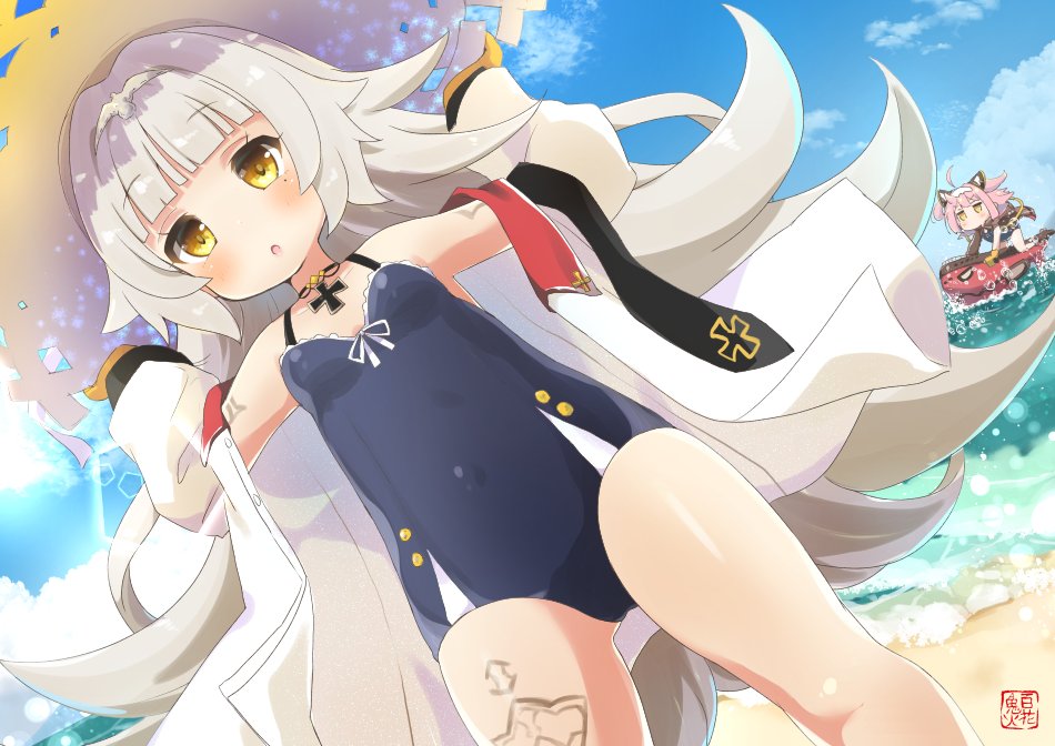 :o ahoge alternate_costume arms_up azur_lane bangs bare_shoulders beach black_swimsuit blue_sky blue_swimsuit blunt_bangs blush breasts brown_eyes casual_one-piece_swimsuit cloud cloudy_sky collarbone commentary_request day dutch_angle eyebrows_visible_through_hair foam gloves hair_ornament hands_on_headwear hat hyakka_onibi iron_cross jacket long_hair long_sleeves looking_at_viewer mole mole_under_eye multiple_girls ocean one-piece_swimsuit open_clothes open_jacket orange_gloves outdoors parted_lips pink_hair puffy_long_sleeves puffy_sleeves ribbon riding sand silver_hair sky small_breasts solo_focus standing straw_hat sun_hat swimsuit u-81_(azur_lane) very_long_hair water waves white_jacket white_ribbon z46_(azur_lane)