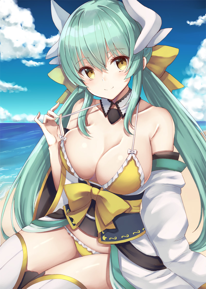 bangs bare_shoulders beach bikini blue_sky blush bow breasts cleavage closed_mouth collarbone commentary day detached_collar dragon_girl dragon_horns fate/grand_order fate_(series) green_hair horns japanese_clothes kimono kiyohime_(fate/grand_order) kiyohime_(swimsuit_lancer)_(fate) large_breasts long_hair looking_at_viewer navel obi ocean sash sidelocks sky smile solo strap_pull swimsuit thighs twintails white_kimono white_legwear yellow_bikini yellow_bow yellow_eyes yuzu-aki