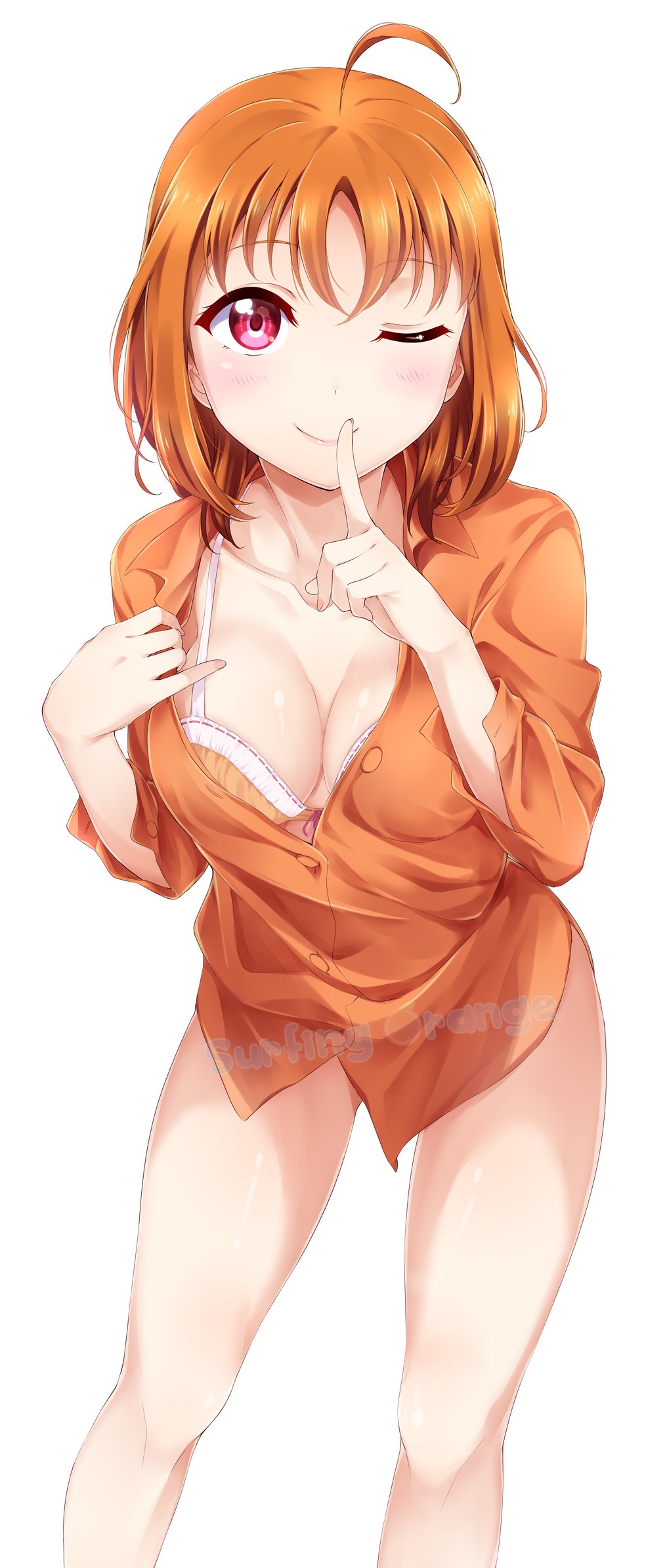 ;) ahoge artist_name ass_visible_through_thighs bangs blush bra breasts cleavage closed_mouth collarbone collared_shirt contrapposto cowboy_shot dress_shirt eyebrows_visible_through_hair eyelashes finger_to_mouth fingernails flashing highres index_finger_raised lace lace-trimmed_bra legs_apart long_fingernails long_sleeves looking_at_viewer love_live! love_live!_school_idol_festival love_live!_sunshine!! medium_breasts medium_hair nail_polish one_eye_closed orange_eyes orange_shirt pink_lips pink_nails pink_ribbon pulled_by_self purple_eyes ribbon ribbon_bra shiny shiny_skin shirt shirt_pull short_hair shushing simple_background smile solo standing surfing_orange takami_chika unbuttoned unbuttoned_shirt underwear watermark white_background