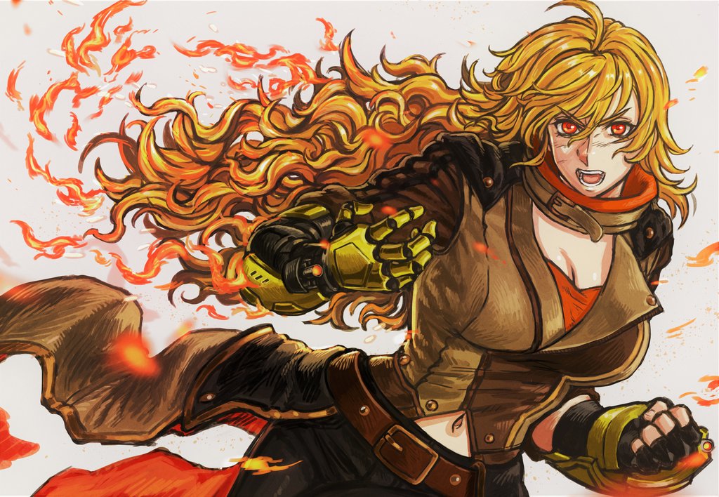 angry belt blonde_hair breasts brown_jacket buckle cleavage commentary drill_(emilio) ember_celica_(rwby) fingerless_gloves fire flame gloves jacket large_breasts long_hair neck_ribbon prosthesis prosthetic_arm red_eyes ribbon rwby waist_cape yang_xiao_long