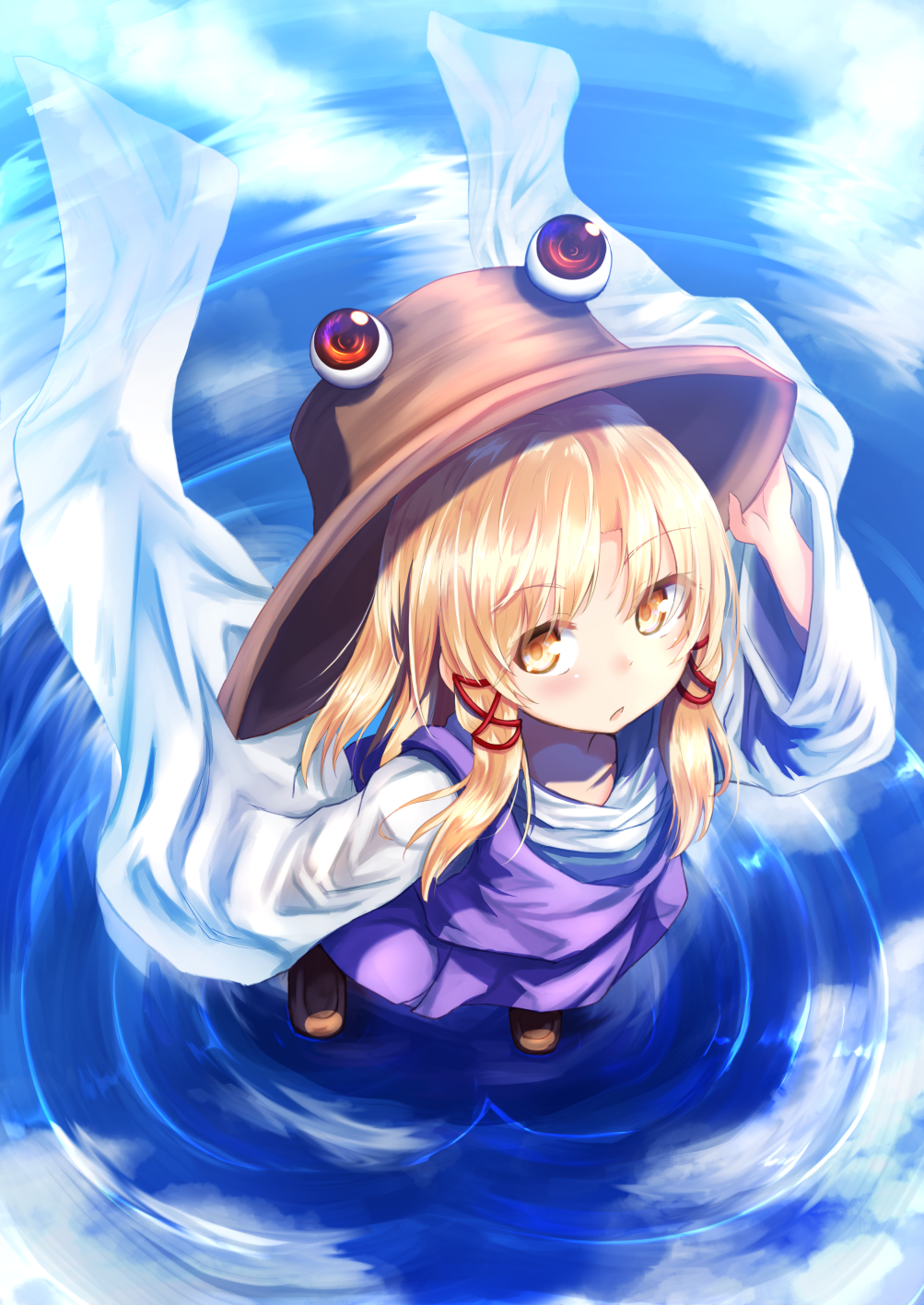 baram blonde_hair cloud commentary day eyebrows_visible_through_hair from_above hair_ornament hand_on_headwear hat highres long_hair looking_at_viewer looking_up moriya_suwako purple_skirt purple_vest reflection ripples shirt skirt sleeves_past_wrists solo standing standing_on_liquid touhou vest water white_shirt wide_sleeves yellow_eyes