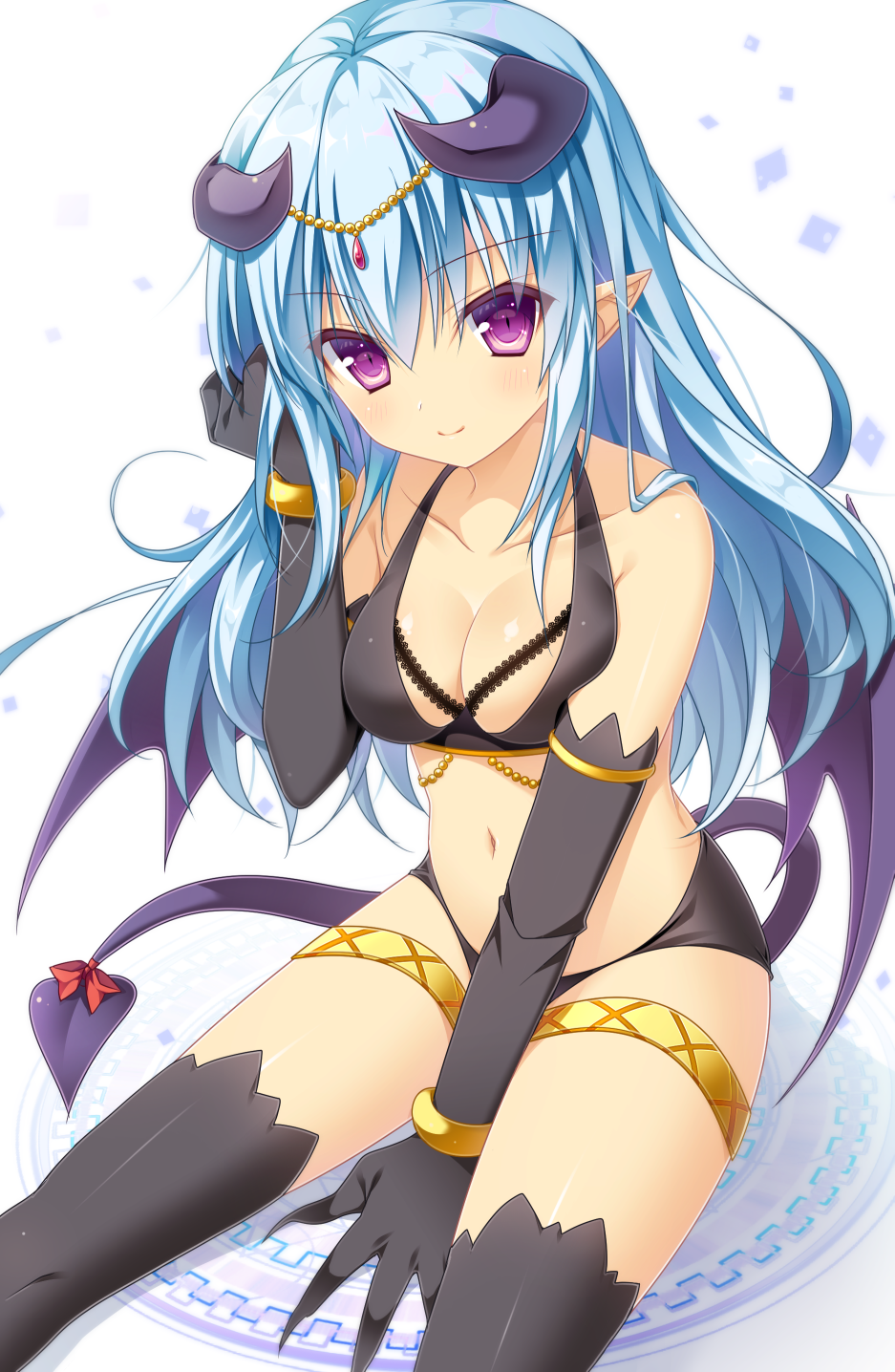 arm_up bangle bangs bare_shoulders between_legs black_gloves black_legwear blue_hair blush bow bracelet breasts cleavage closed_mouth collarbone commentary_request curled_horns demon_girl demon_horns demon_tail demon_wings elbow_gloves eyebrows_visible_through_hair gloves hair_between_eyes hand_between_legs head_tilt highres horns jewelry long_hair looking_at_viewer medium_breasts navel original pimopi pointy_ears purple_eyes purple_wings red_bow sitting smile solo tail tail_bow thighhighs very_long_hair white_background wings