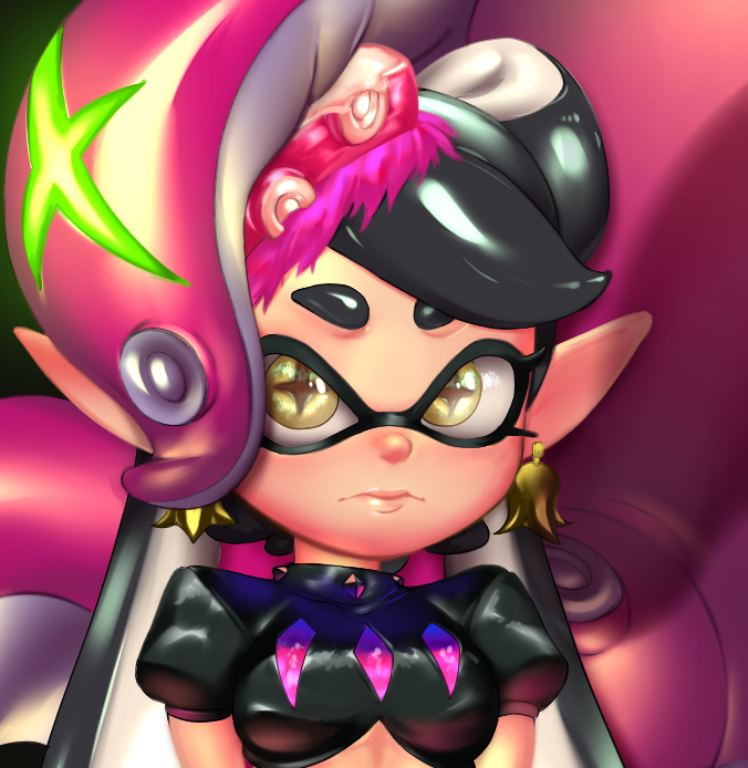 +_+ 1girl alternate_costume aori_(splatoon) black_hair breasts closed_mouth crop_top domino_mask earrings food food_on_head jewelry looking_at_viewer mask object_on_head placeholdname pointy_ears puffy_short_sleeves puffy_sleeves small_breasts solo splatoon splatoon_2 sushi symbol-shaped_pupils tentacle tentacle_hair upper_body yellow_eyes