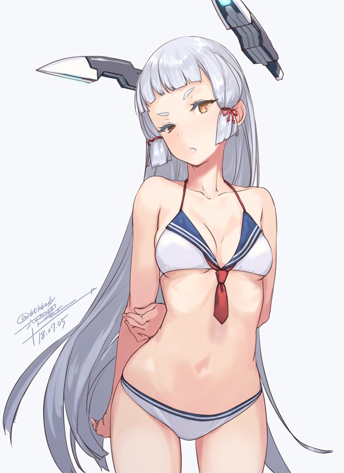 arms_behind_back artist_name bangs bikini blunt_bangs breasts brown_eyes cleavage collarbone commentary_request cowboy_shot dated grey_background hair_ribbon head_tilt headgear kantai_collection long_hair looking_at_viewer murakumo_(kantai_collection) ribbon rokuwata_tomoe sailor_bikini sailor_collar sidelocks silver_hair simple_background small_breasts solo swimsuit tress_ribbon very_long_hair white_bikini work_in_progress