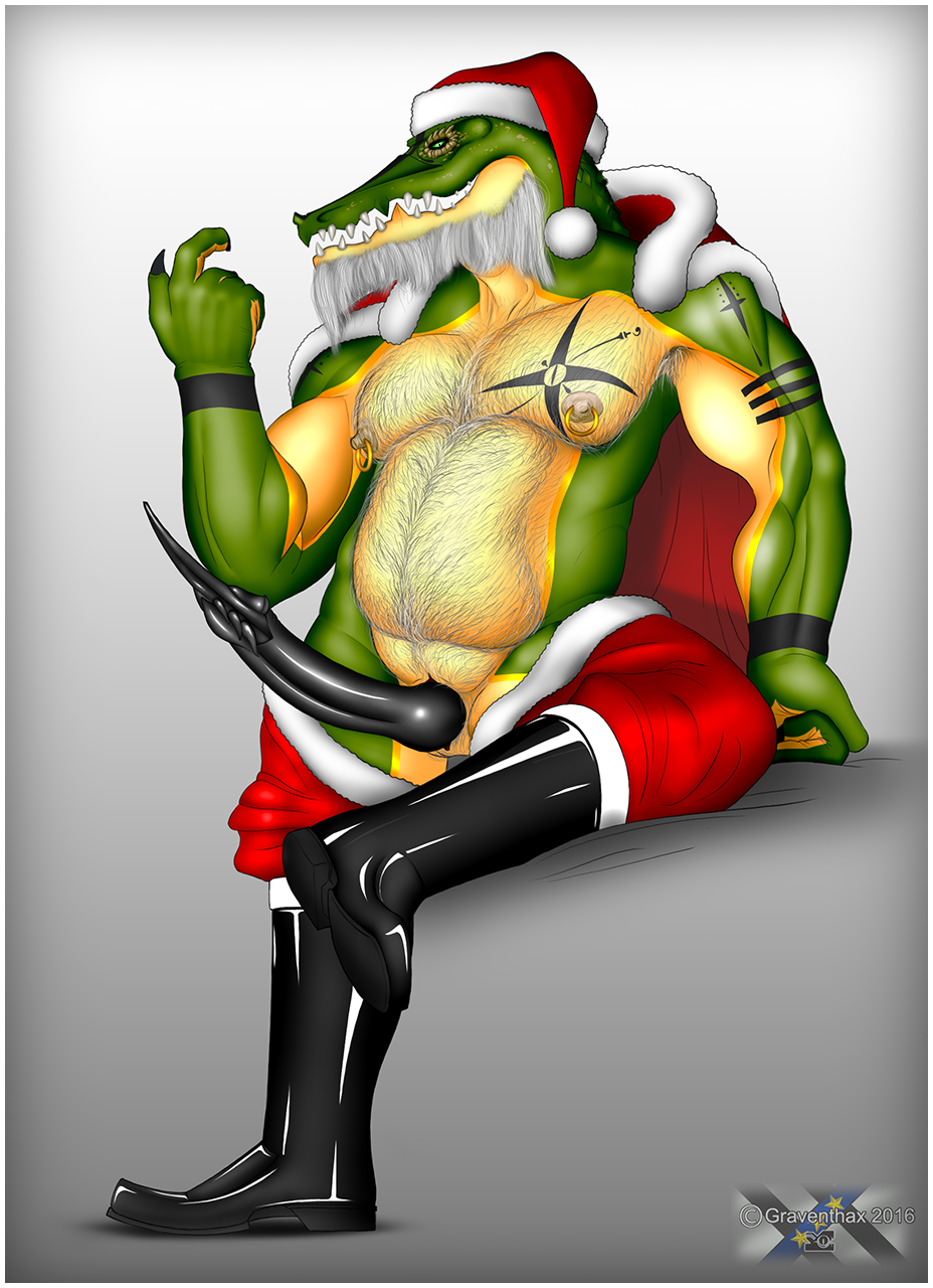 beard christmas clothing costume crocodile crocodilian erection facial_hair footwear graventhax hairy headwear holidays leather_boots male nipple_piercing nipples old piercing reptile scalie slightly_chubby solo tattoo