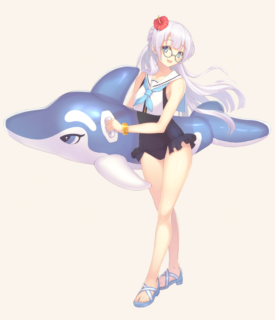 :d azur_lane bangs bare_arms bare_shoulders black_skirt black_swimsuit blue_eyes blue_footwear blue_neckwear bracelet braid collarbone edinburgh_(azur_lane) eyebrows_visible_through_hair floating_hair flower french_braid full_body glasses grey-framed_eyewear hair_flower hair_ornament head_tilt hibiscus holding inflatable_dolphin inflatable_toy jewelry kaina_(tsubasakuronikuru) long_hair looking_at_viewer microskirt old_school_swimsuit one-piece_swimsuit open_mouth pink_background red_flower sailor_collar sandals school_swimsuit shiny shiny_hair sidelocks simple_background skirt smile solo standing swimsuit white_hair