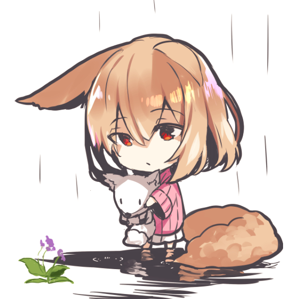 animal animal_ears bangs chibi closed_mouth eyebrows_visible_through_hair flower fox fox_ears fox_girl fox_tail hair_between_eyes holding holding_animal light_brown_hair long_hair long_sleeves original pink_sweater pleated_skirt puddle purple_flower rain red_eyes ribbed_sweater skirt solo standing sweater tail water white_background white_skirt wide_sleeves yuuji_(yukimimi)