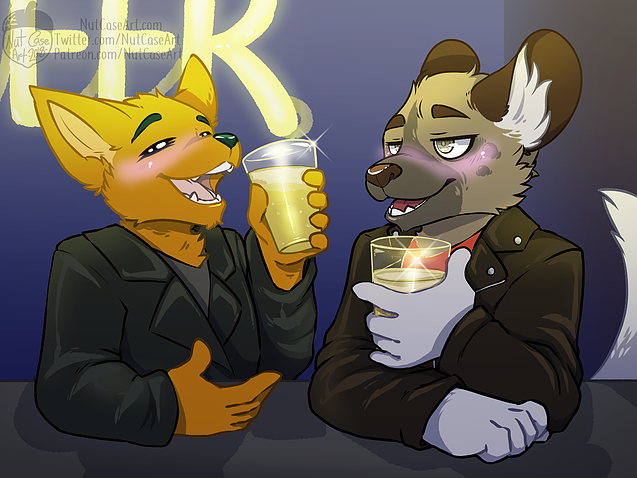 aggressive_retsuko alcohol bar beer beverage blush canine clothing drunk drunk_blush duo fox glass gregg_(nitw) haida hyena intoxicated jacket leather leather_jacket male mammal night_in_the_woods nut-case