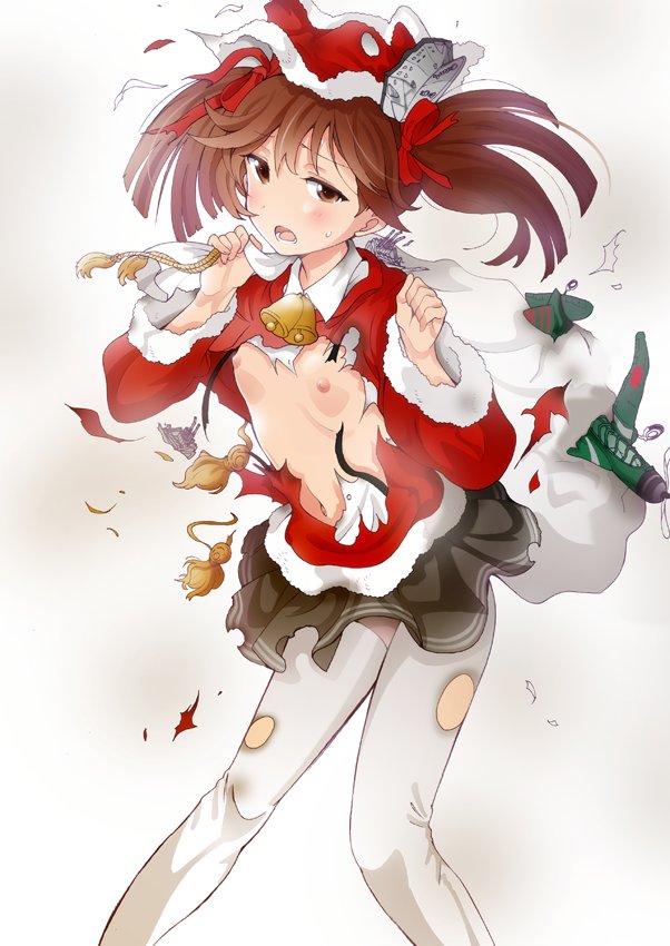 aircraft airplane bag black_skirt blush breasts brown_eyes brown_hair commentary_request hat kantai_collection long_hair looking_at_viewer miniskirt navel nipples open_mouth pantyhose ryuujou_(kantai_collection) santa_costume santa_hat shirt simple_background skirt small_breasts torn_clothes torn_hat torn_legwear torn_shirt torn_skirt toy twintails white_background white_legwear yamasaki_wataru