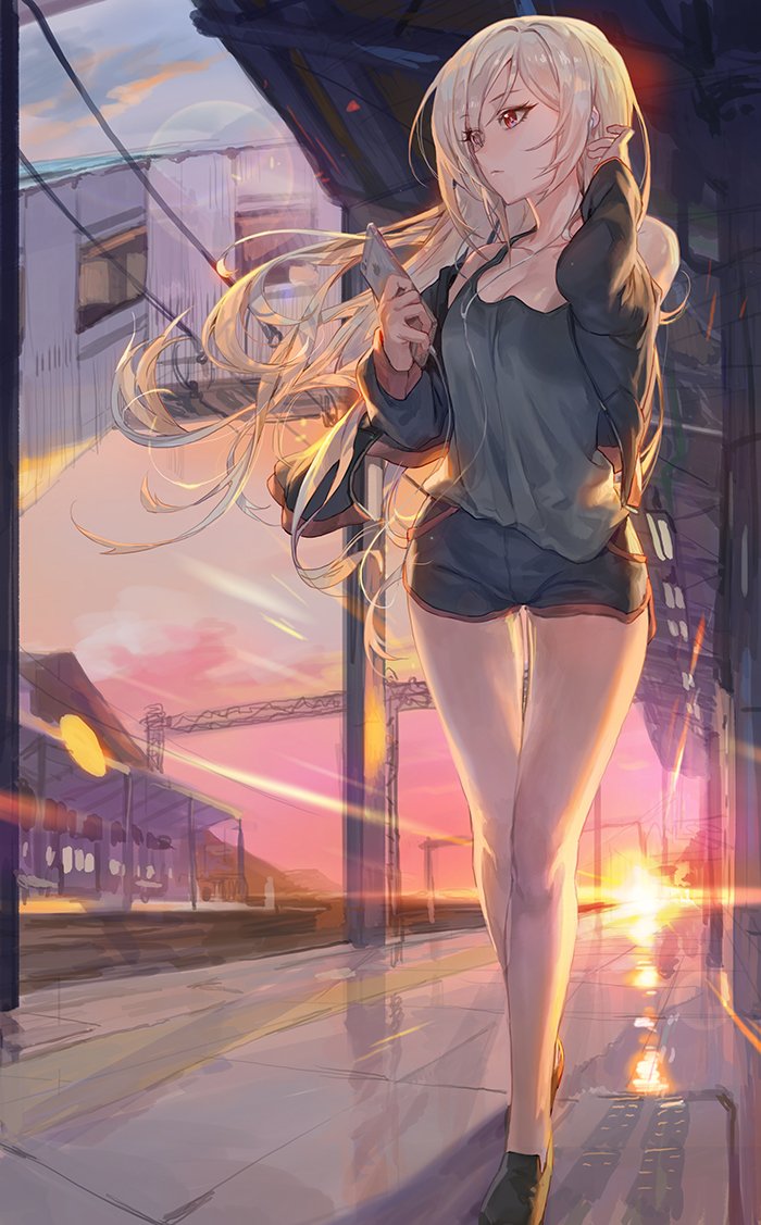 black_jacket black_shorts blonde_hair cellphone character_request commentary_request dungeon_and_fighter earphones grey_shirt hair_blowing hands_up holding holding_phone jacket korean_commentary long_hair long_sleeves mossi off_shoulder outdoors phone power_lines red_eyes shirt short_shorts shorts smartphone solo sunset tank_top thigh_gap walking