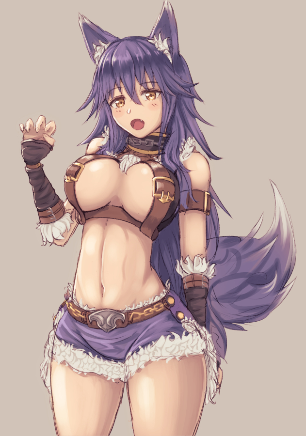 :o aki_makoto animal_ears arm_strap beige_background breasts buckle chain claw_pose collar cowboy_shot fang fingerless_gloves fur fur-trimmed_shorts fur_trim gloves grey_background hair_between_eyes large_breasts long_hair moppo navel open_mouth princess_connect! princess_connect!_re:dive short_shorts shorts sideboob simple_background sleeveless solo standing tail wolf_ears wolf_tail yellow_eyes