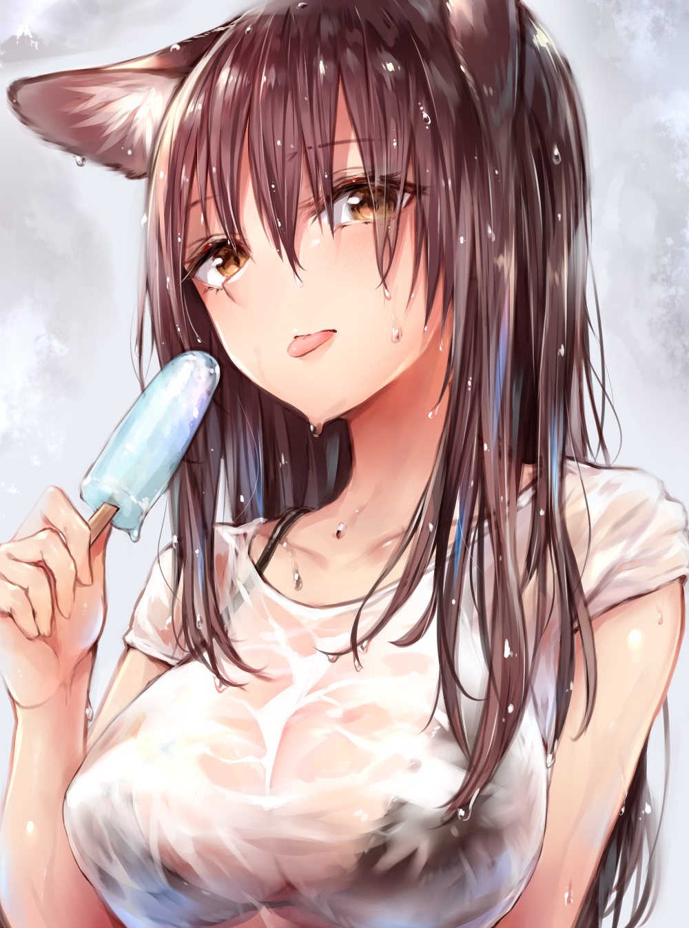 :p animal_ears bangs bikini bikini_under_clothes black_bikini_top blush breasts brown_eyes brown_hair collarbone commentary_request eyebrows_visible_through_hair food fox_ears hair_between_eyes highres holding holding_food large_breasts long_hair looking_at_viewer original popsicle see-through shirt short_sleeves simple_background solo sukemyon swimsuit tongue tongue_out upper_body wet wet_clothes wet_hair wet_shirt white_shirt