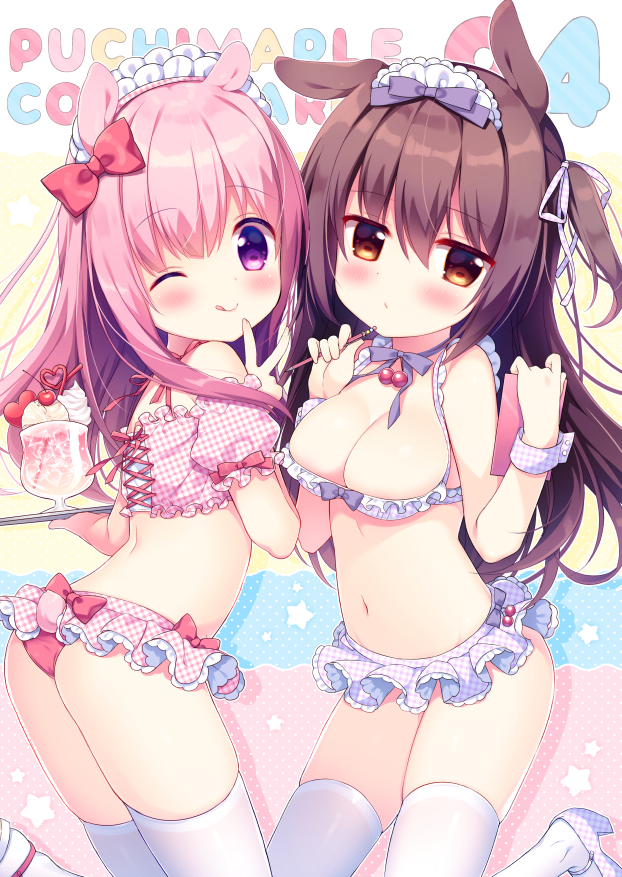 ;q animal_ears ass bangs bare_shoulders bikini blush bow breasts brown_eyes brown_hair bunny_ears bunny_girl bunny_tail cleavage closed_mouth commentary_request crazy_straw drinking_straw eyebrows_visible_through_hair fingernails gingham hair_between_eyes hair_bow hair_ribbon hands_up heart_straw high_heels hisagi_(puchimaple) holding holding_pencil holding_tray maid_bikini medium_breasts multiple_girls one_eye_closed one_side_up original parfait pencil pink_bikini pink_hair puffy_short_sleeves puffy_sleeves purple_bikini purple_bow purple_eyes purple_footwear purple_ribbon red_bow ribbon shoes short_sleeves smile swimsuit tail thighhighs tongue tongue_out tray v white_legwear wrist_cuffs