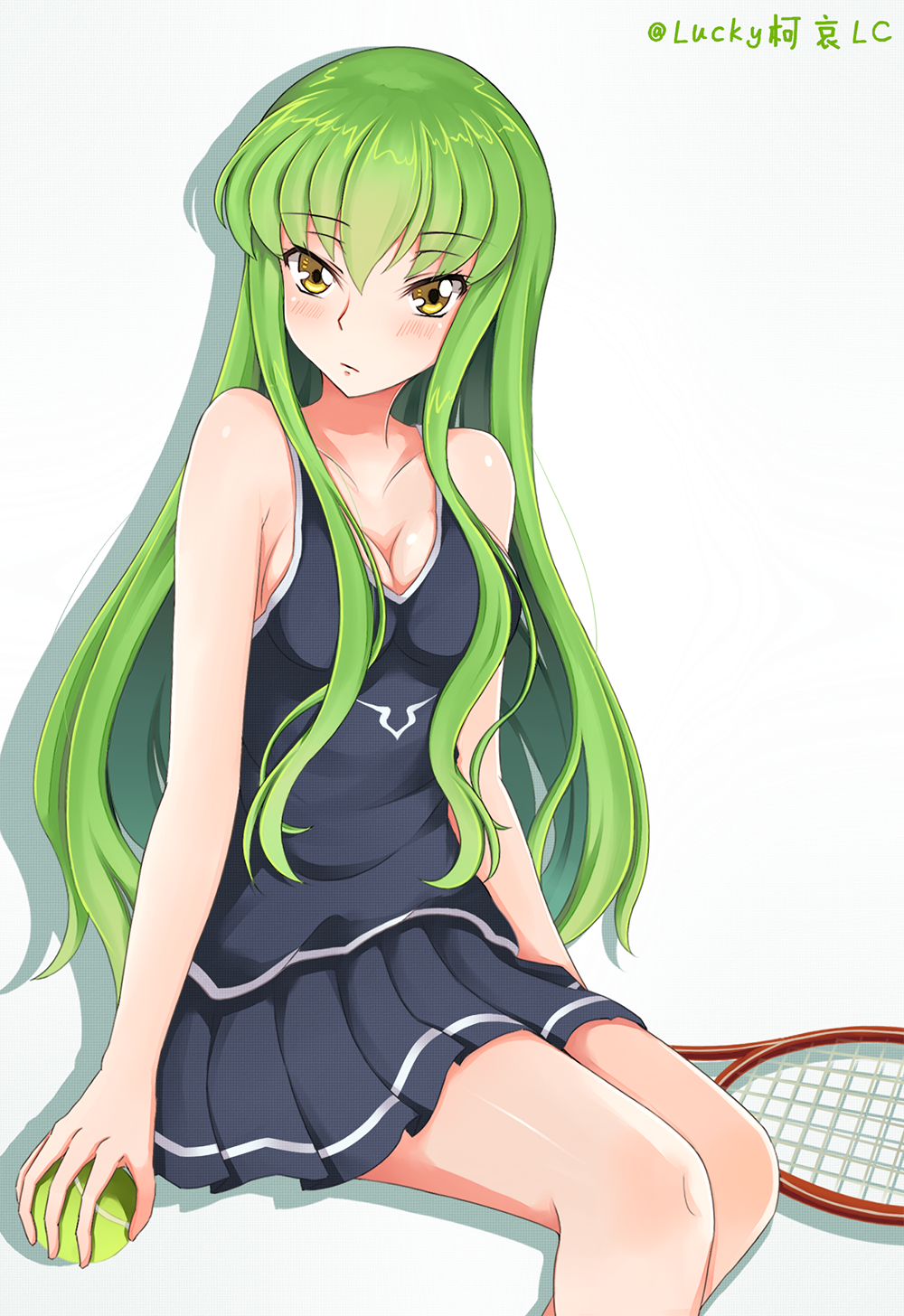 ball bangs black_shirt black_skirt blunt_bangs blush breasts c.c. cleavage code_geass collarbone eyebrows_visible_through_hair green_hair highres holding holding_ball invisible_chair long_hair looking_at_viewer lucky_keai medium_breasts miniskirt pleated_skirt racket shiny shiny_hair shiny_skin shirt sideboob sitting skirt sleeveless sleeveless_shirt solo sportswear tennis_ball tennis_racket tennis_uniform very_long_hair white_background yellow_eyes