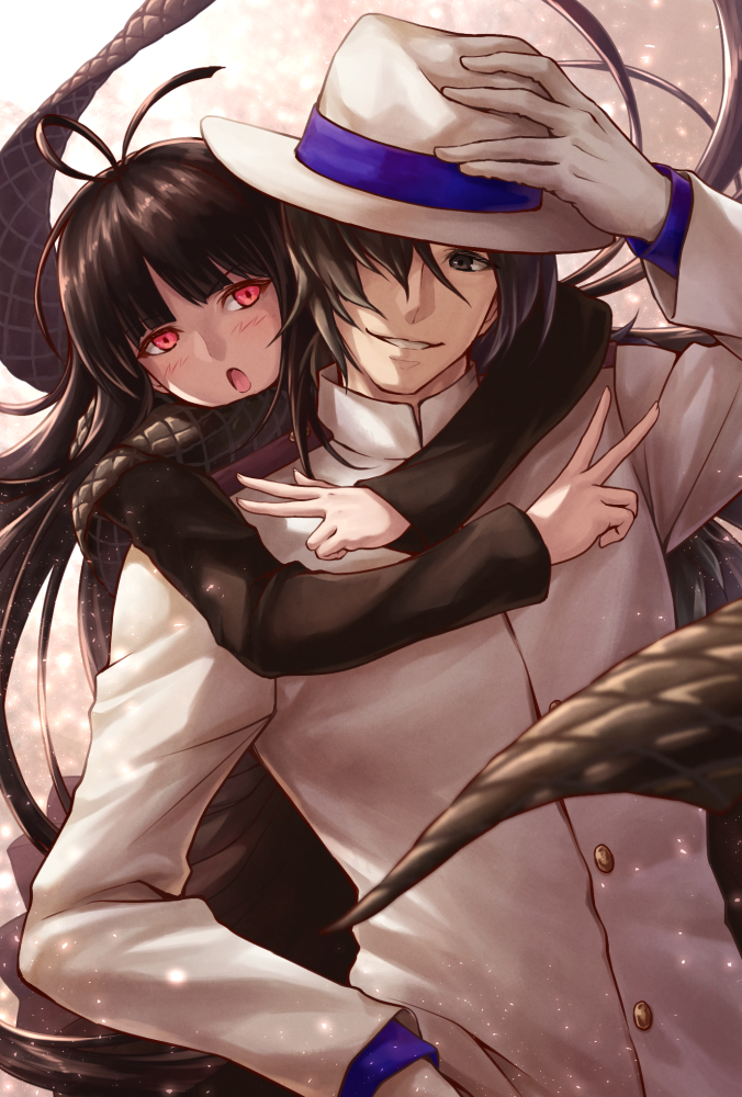 1girl :o antenna_hair arm_up bangs black_eyes black_hair black_scarf blush buttons fate/grand_order fate_(series) fedora gloves grin hair_over_one_eye hand_on_headwear hat hug hug_from_behind light_particles long_hair long_sleeves oryou_(fate) parted_bangs pink_eyes ryou_(pix_gallerio) sakamoto_ryouma_(fate) scarf short_hair smile white_gloves white_hat