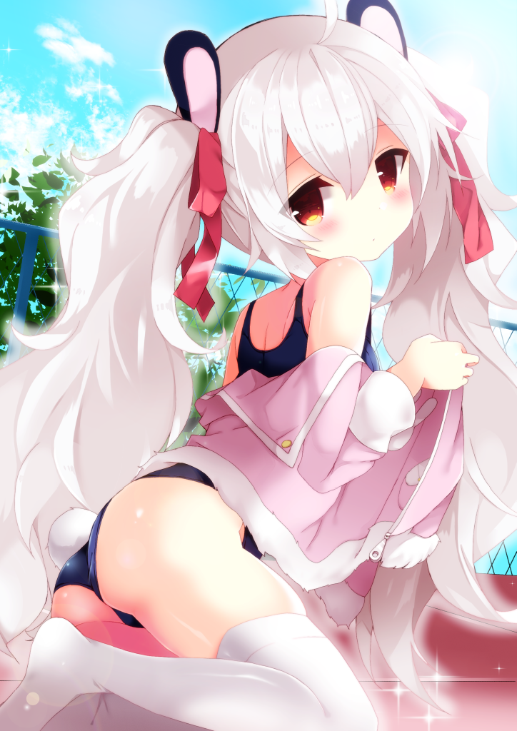 animal_ears azur_lane bangs blue_sky blue_swimsuit blush bow brown_eyes bunny_ears chain-link_fence closed_mouth cloud commentary_request day eyebrows_visible_through_hair fence fuuna_thise hair_between_eyes hair_bow head_tilt jacket laffey_(azur_lane) long_hair long_sleeves looking_at_viewer looking_to_the_side no_shoes off_shoulder one-piece_swimsuit open_clothes open_jacket outdoors pink_jacket red_bow school_swimsuit sidelocks silver_hair sky soles solo swimsuit thighhighs thighs twintails undressing very_long_hair white_legwear