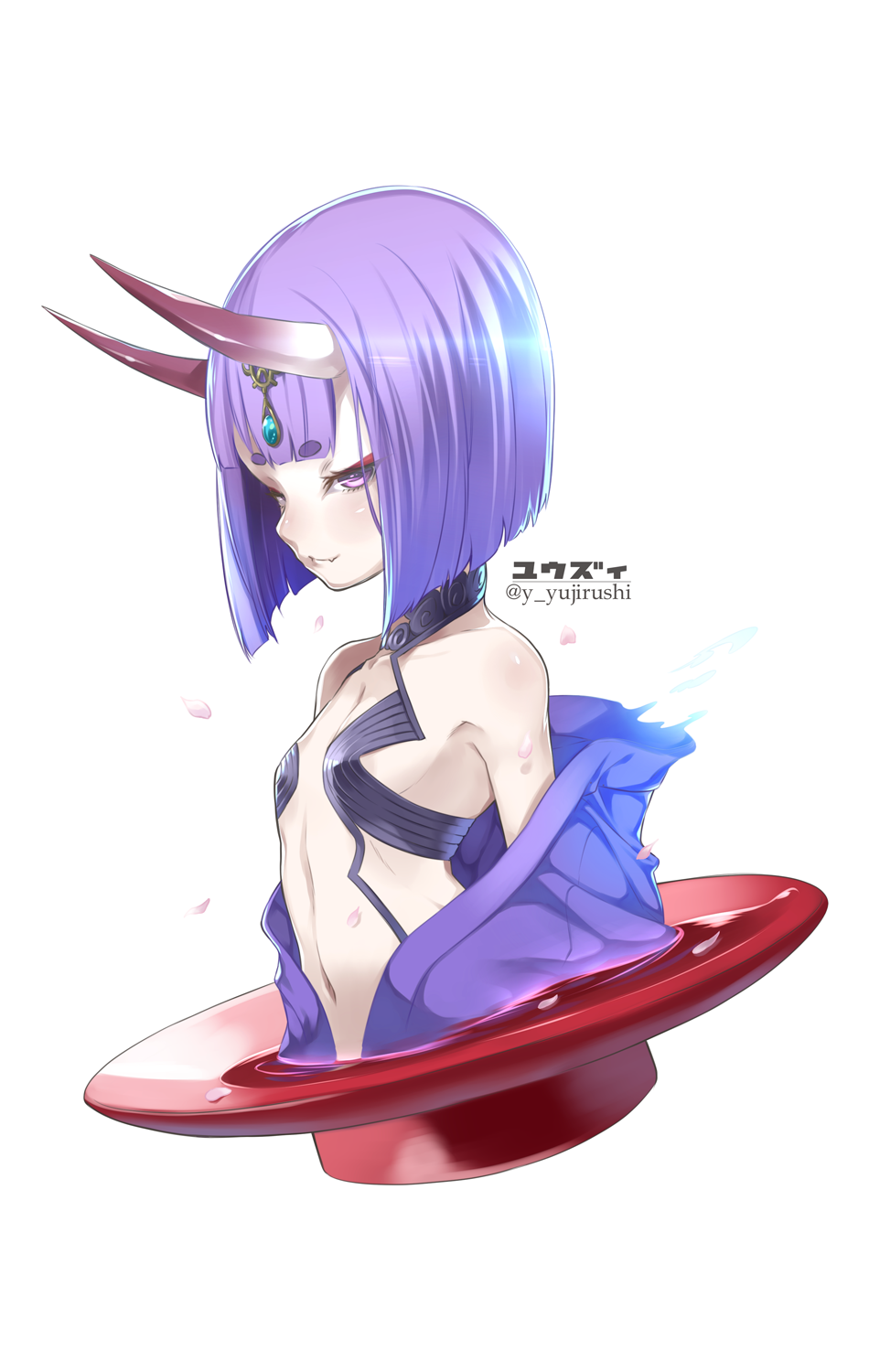 alcohol bangs bare_shoulders breasts closed_mouth collarbone cup eyebrows_visible_through_hair eyeliner fang fang_out fate/grand_order fate_(series) headpiece highres hikimayu horns makeup midriff navel off_shoulder oni oni_horns petals purple_eyes purple_hair sakazuki sake short_eyebrows short_hair shuten_douji_(fate/grand_order) simple_background small_breasts smile solo twitter_username upper_body white_background white_skin yuuzii